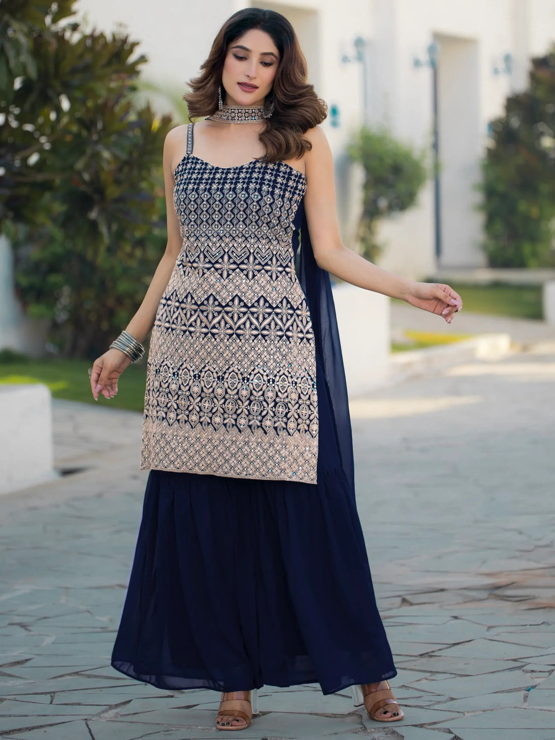 Amazing Navy Blue Embroidered Georgette Event Wear Sharara Suit - Zeel Clothing