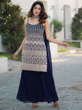 Amazing Navy Blue Embroidered Georgette Event Wear Sharara Suit - Zeel Clothing