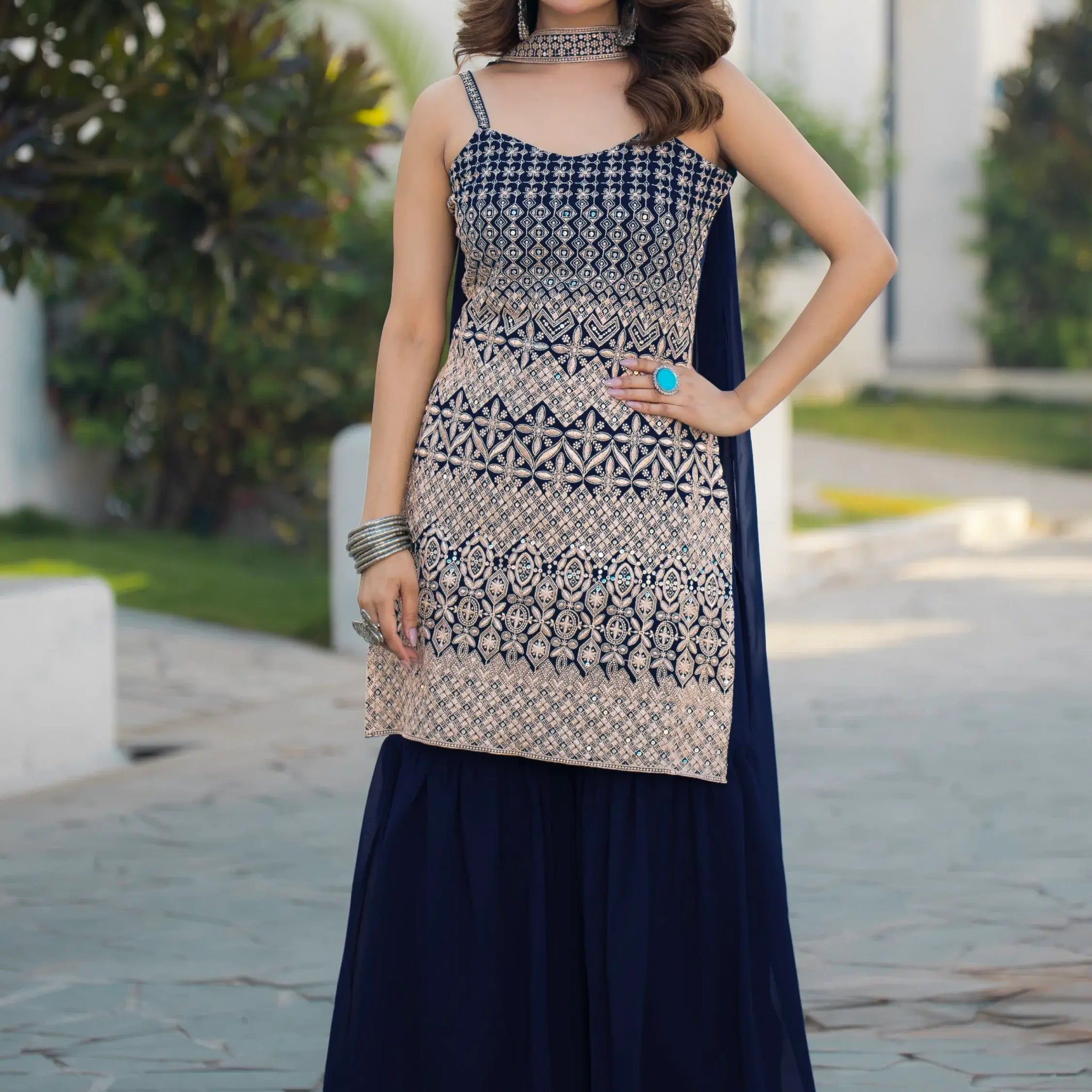 Amazing Navy Blue Embroidered Georgette Event Wear Sharara Suit - Zeel Clothing