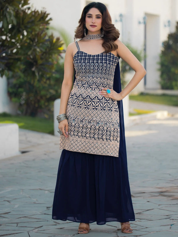 Amazing Navy Blue Embroidered Georgette Event Wear Sharara Suit - Zeel Clothing