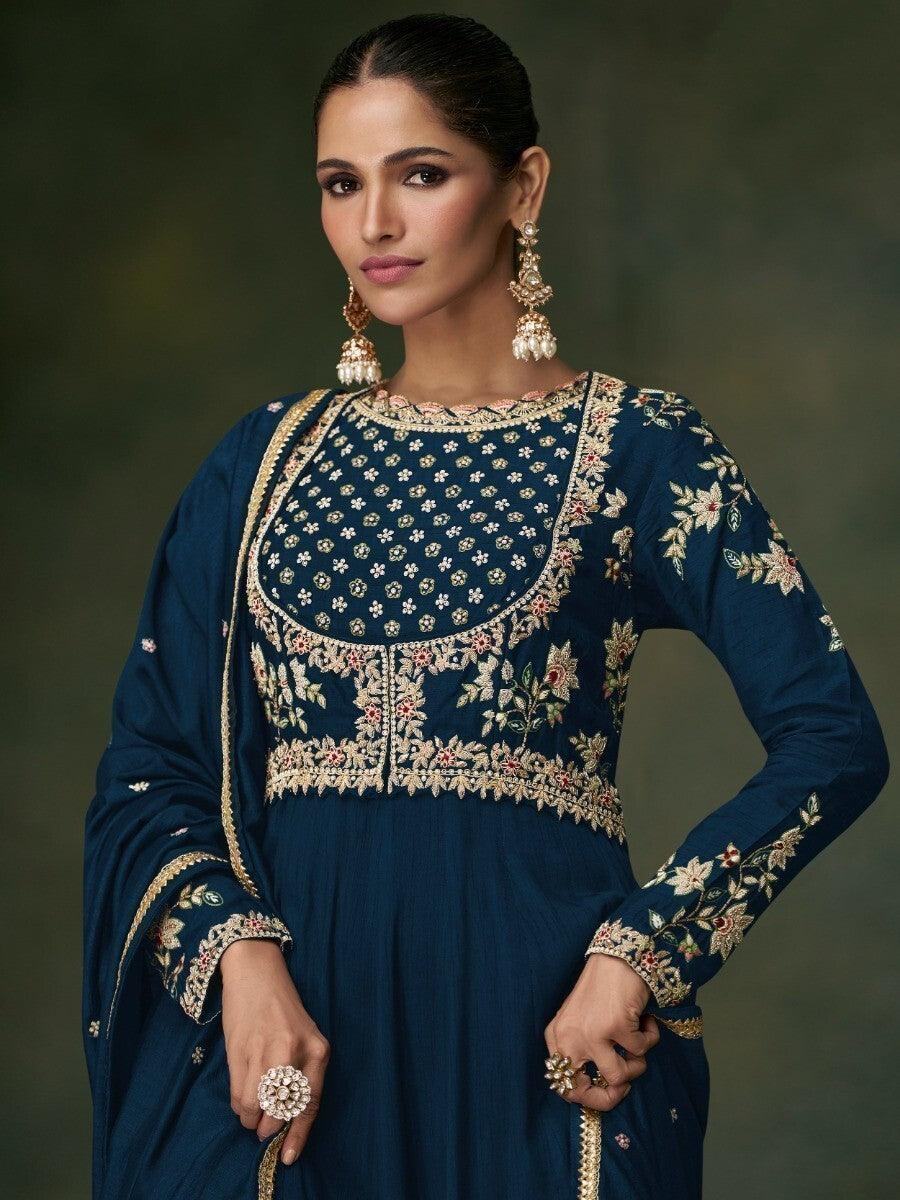 Amazing Navy-Blue Embroidered Silk Wedding Wear Gown With Dupatta