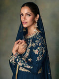 Amazing Navy-Blue Embroidered Silk Wedding Wear Gown With Dupatta - Zeel Clothing