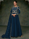 Amazing Navy-Blue Embroidered Silk Wedding Wear Gown With Dupatta - Zeel Clothing