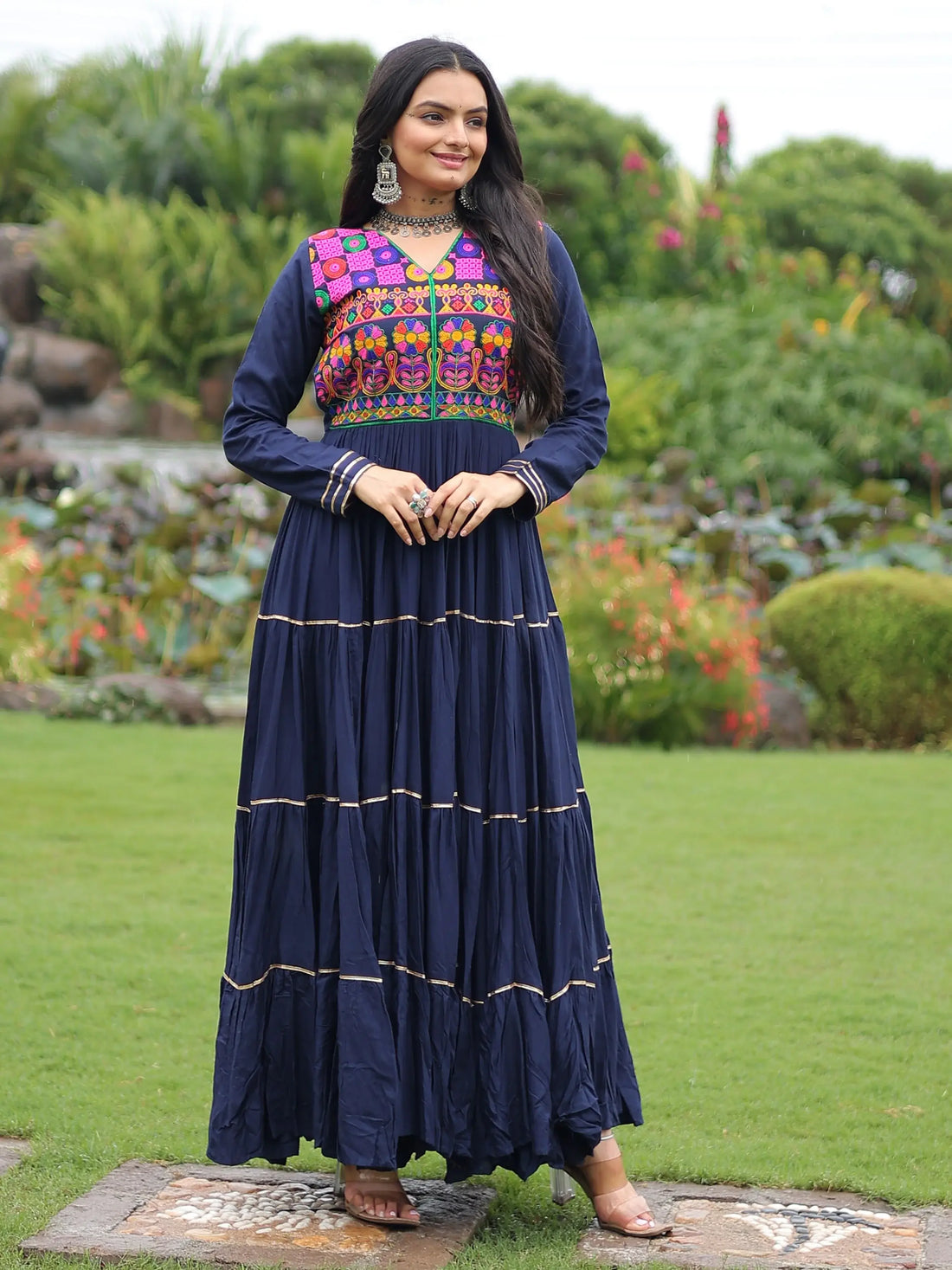 Amazing Navy Blue Kutchi Work Rayon Navratri Special Gown - Zeel Clothing