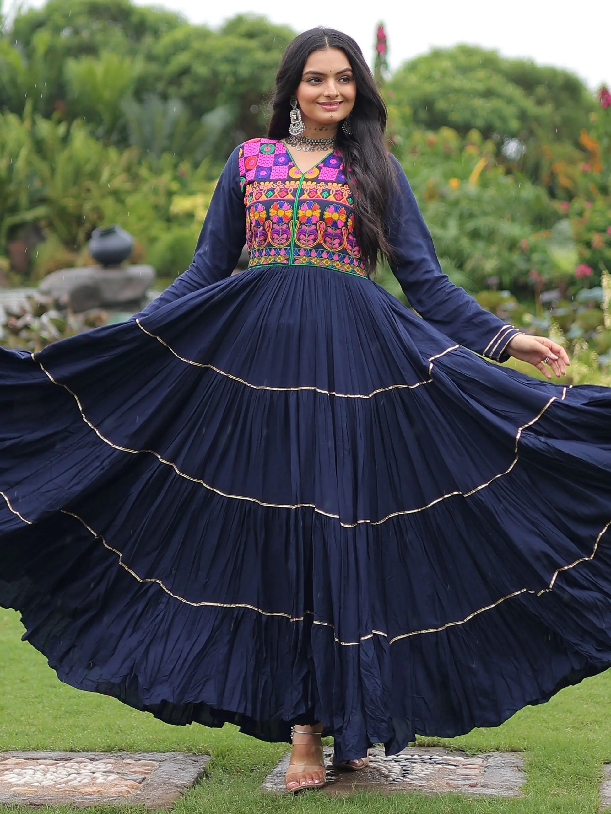 Amazing Navy Blue Kutchi Work Rayon Navratri Special Gown - Zeel Clothing