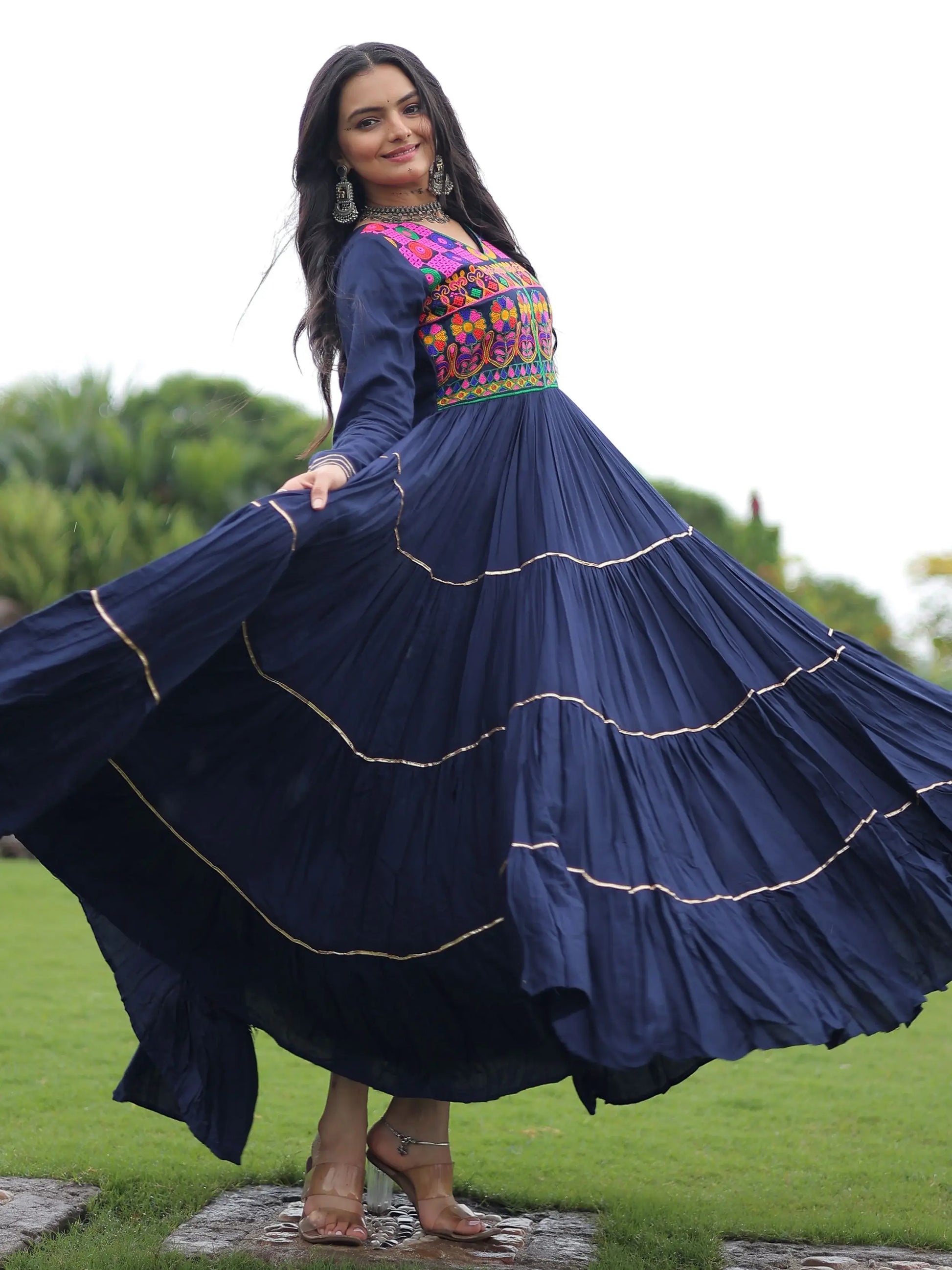 Amazing Navy Blue Kutchi Work Rayon Navratri Special Gown - Zeel Clothing