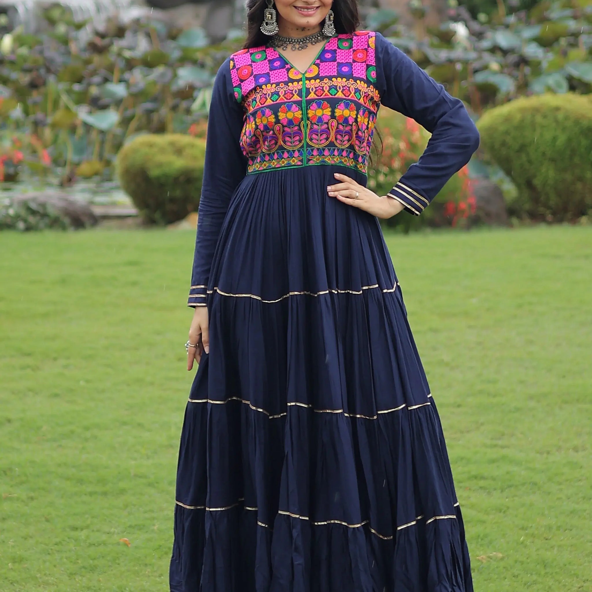 Amazing Navy Blue Kutchi Work Rayon Navratri Special Gown - Zeel Clothing