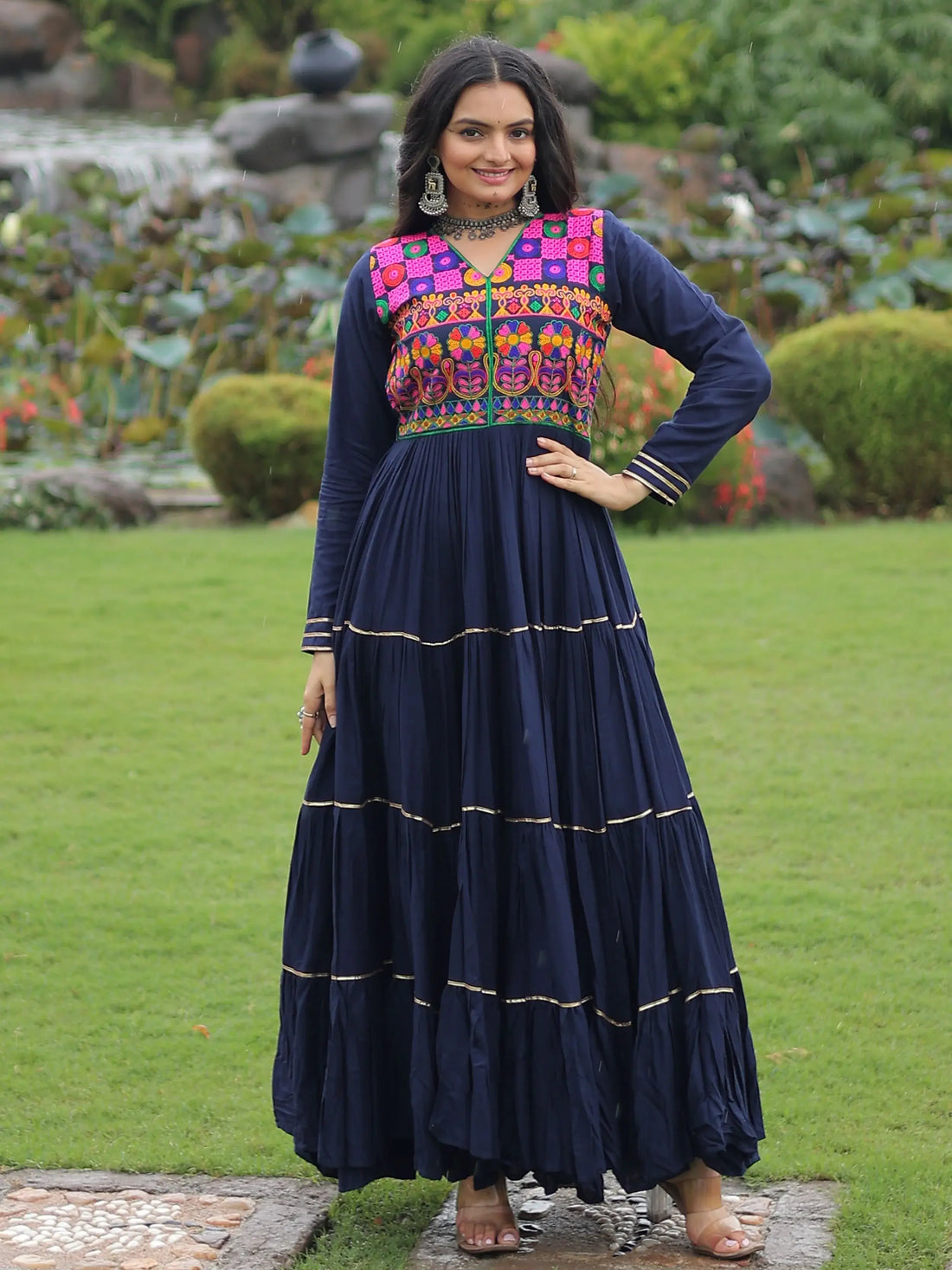 Amazing Navy Blue Kutchi Work Rayon Navratri Special Gown - Zeel Clothing