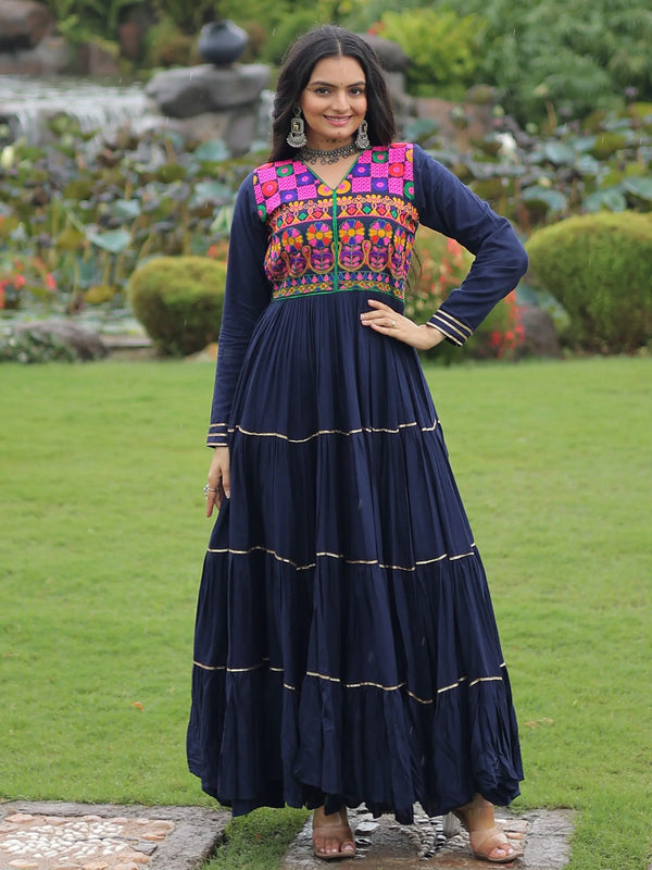 Amazing Navy Blue Kutchi Work Rayon Navratri Special Gown - Zeel Clothing