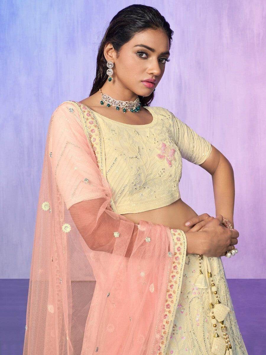 Amazing Off-White Embroidered Net Lehenga Choli With Dupatta - Zeel Clothing