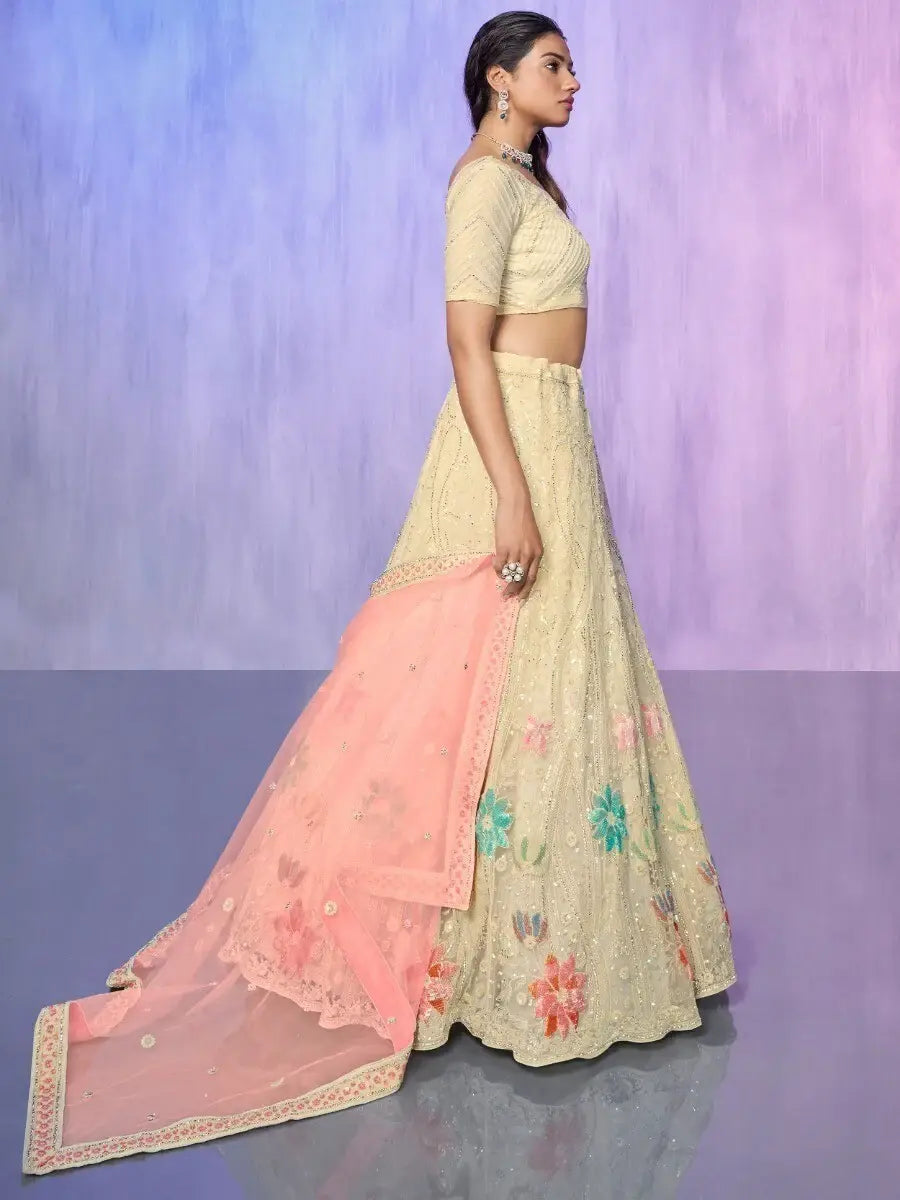 Amazing Off-White Embroidered Net Lehenga Choli With Dupatta - Zeel Clothing