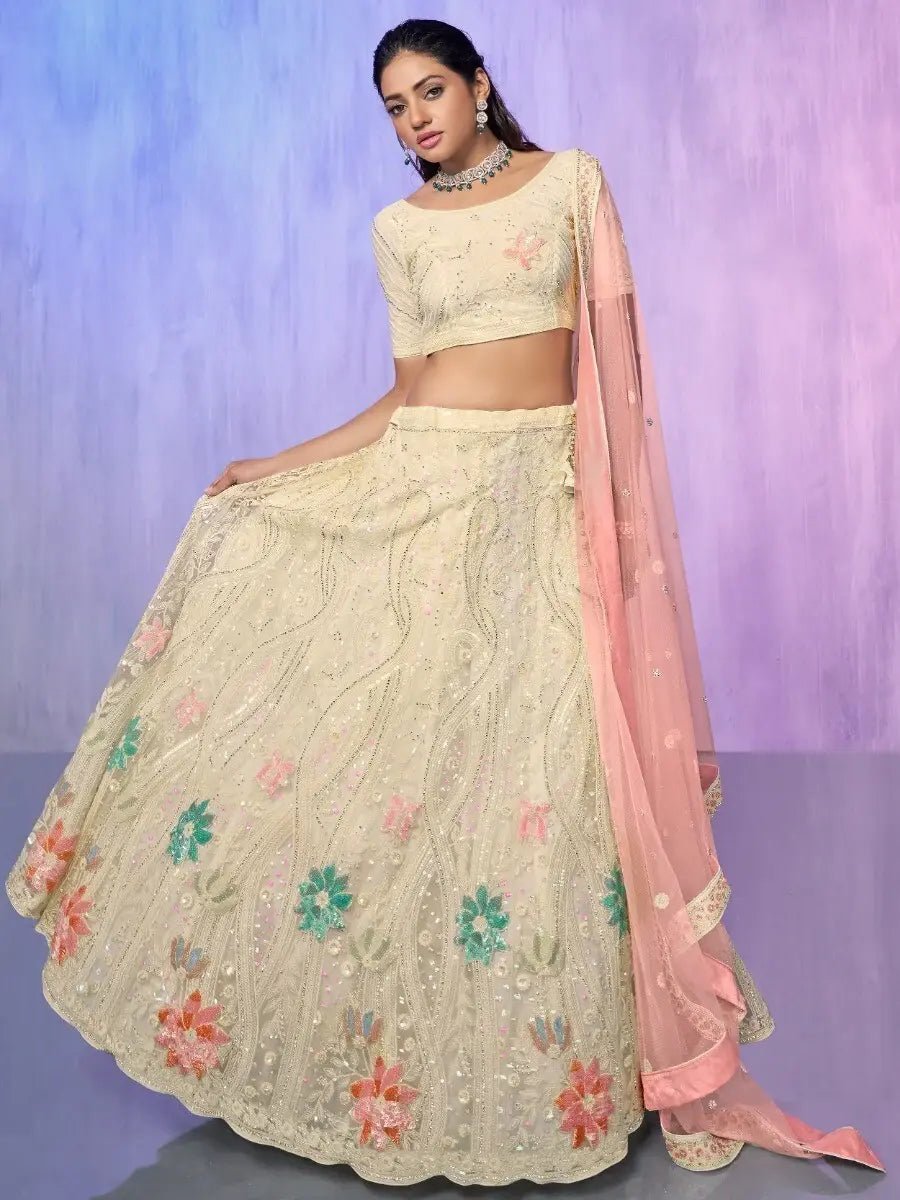 Amazing Off-White Embroidered Net Lehenga Choli With Dupatta - Zeel Clothing