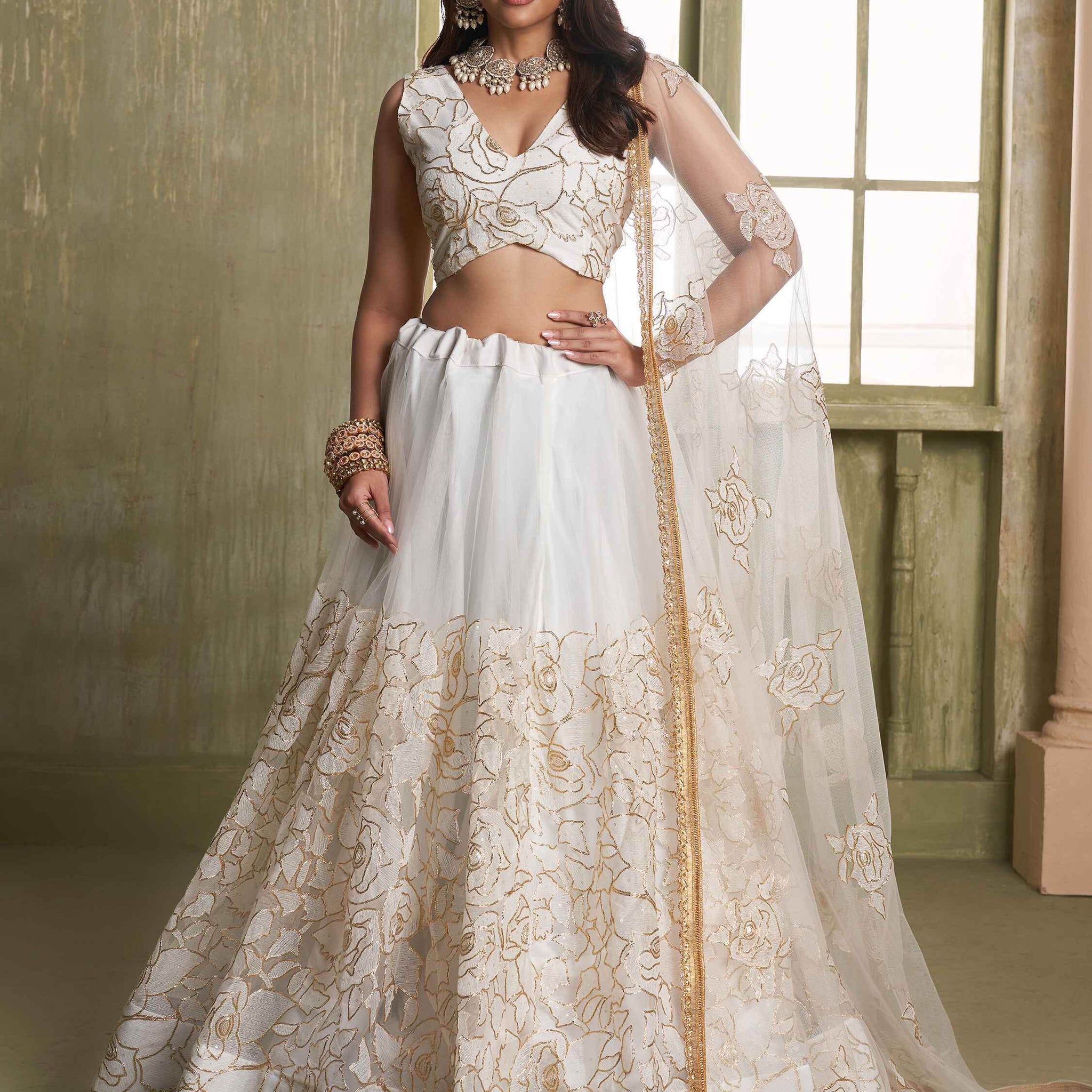 Amazing Off-White Embroidered Net Wedding Wear Lehenga Choli - Zeel Clothing