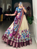 Amazing Off-White Kalamkari Printed Silk Traditional Lehenga Choli - Zeel Clothing
