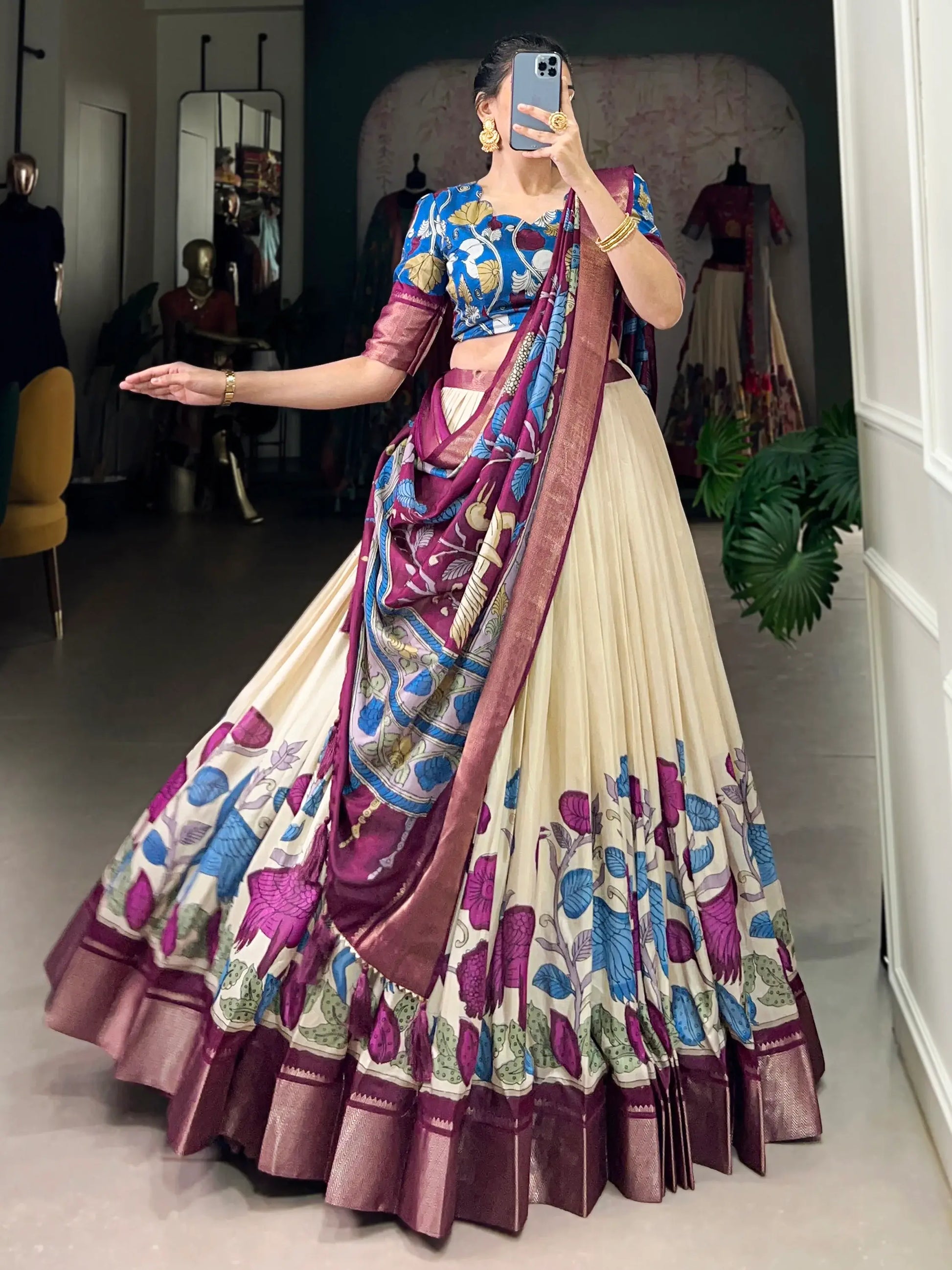 Amazing Off-White Kalamkari Printed Silk Traditional Lehenga Choli - Zeel Clothing