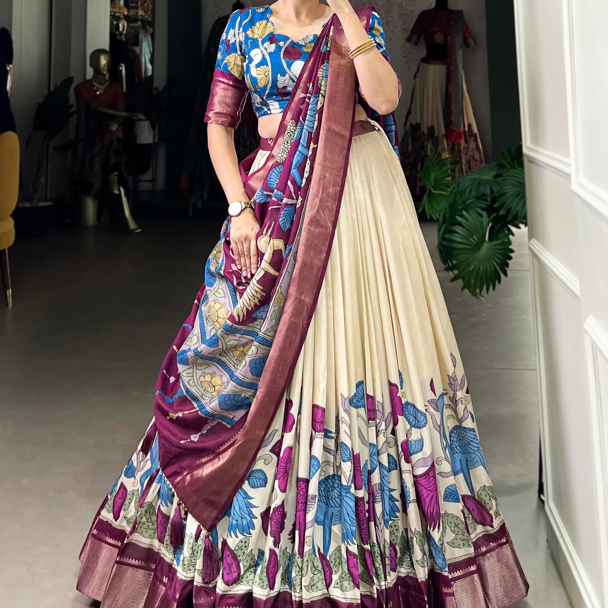 Amazing Off-White Kalamkari Printed Silk Traditional Lehenga Choli - Zeel Clothing