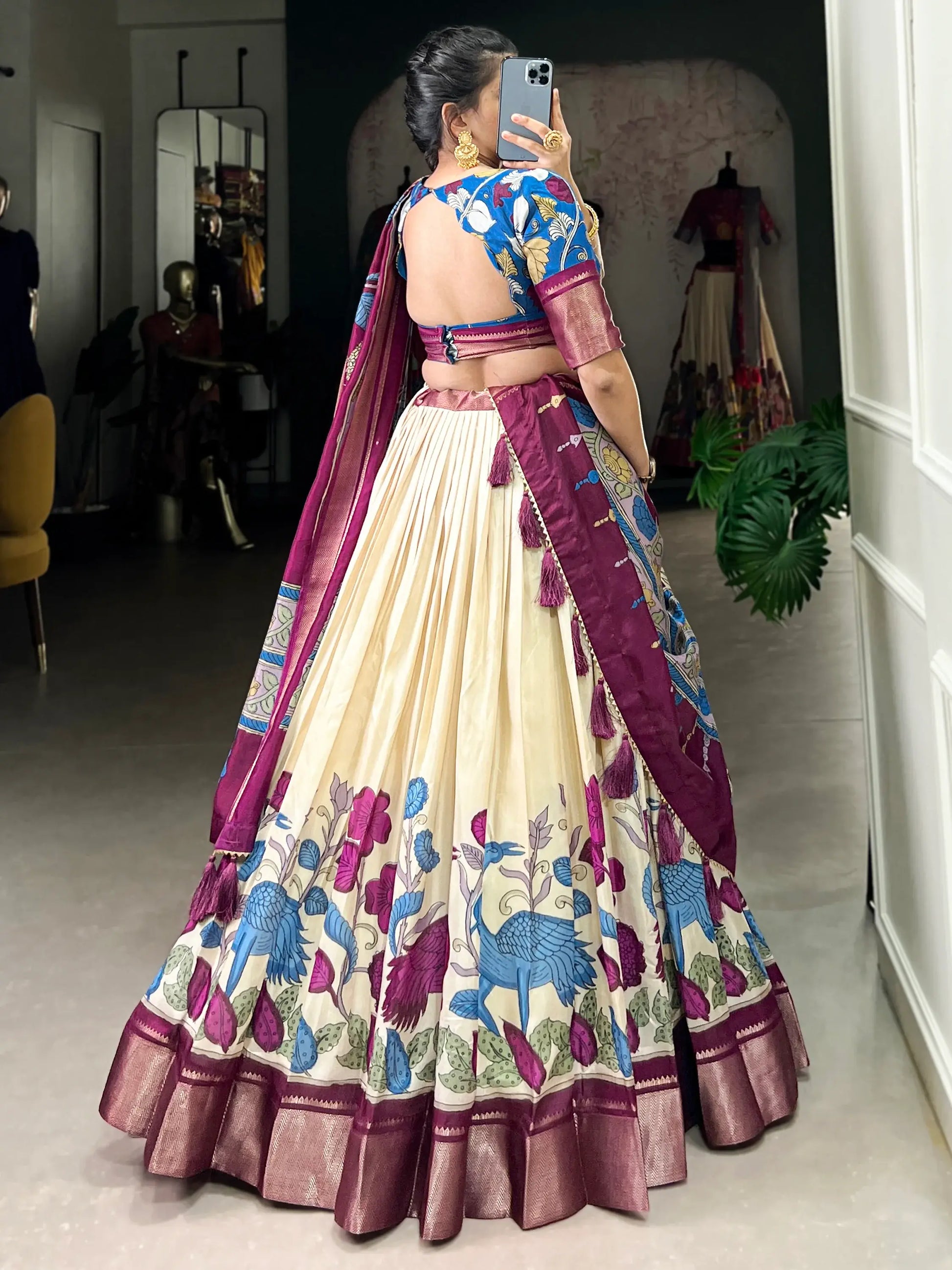 Amazing Off-White Kalamkari Printed Silk Traditional Lehenga Choli - Zeel Clothing