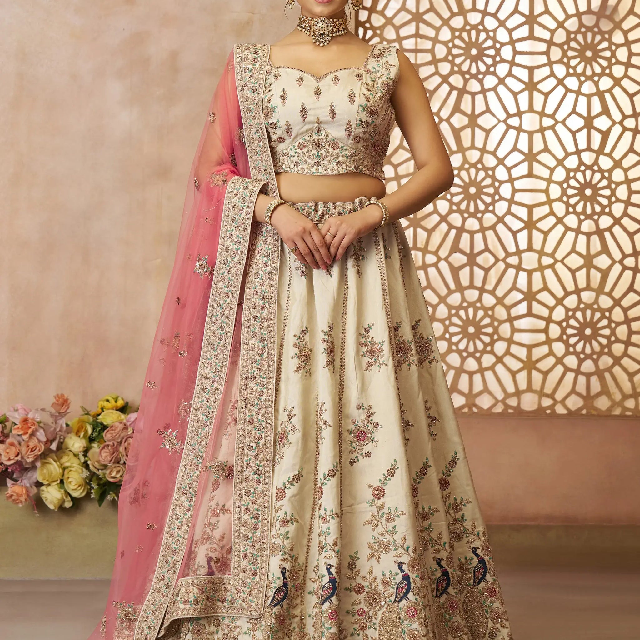 Amazing Off-White Thread Embroidered Silk Lehenga Choli With Dupatta - Zeel Clothing