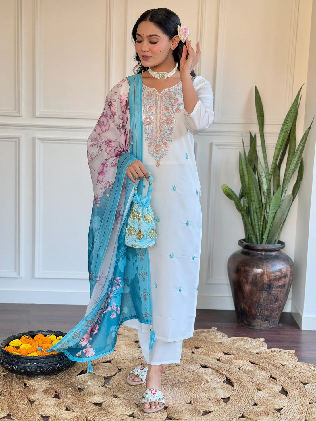 Amazing Off-White Thread Embroidered Viscose Pant Suit With Dupatta - Zeel Clothing