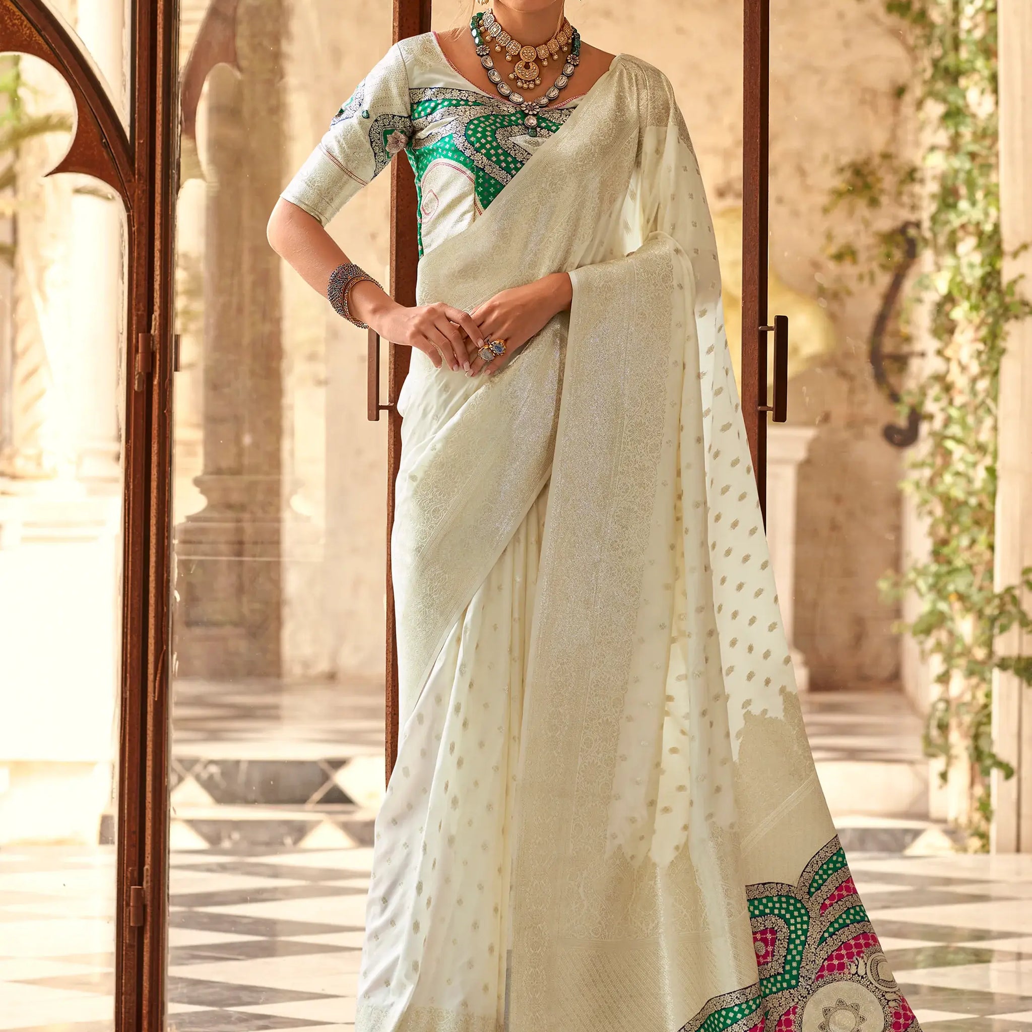 Amazing Off-White Zari Weaving Silk Traditional Saree With Blouse - Zeel Clothing