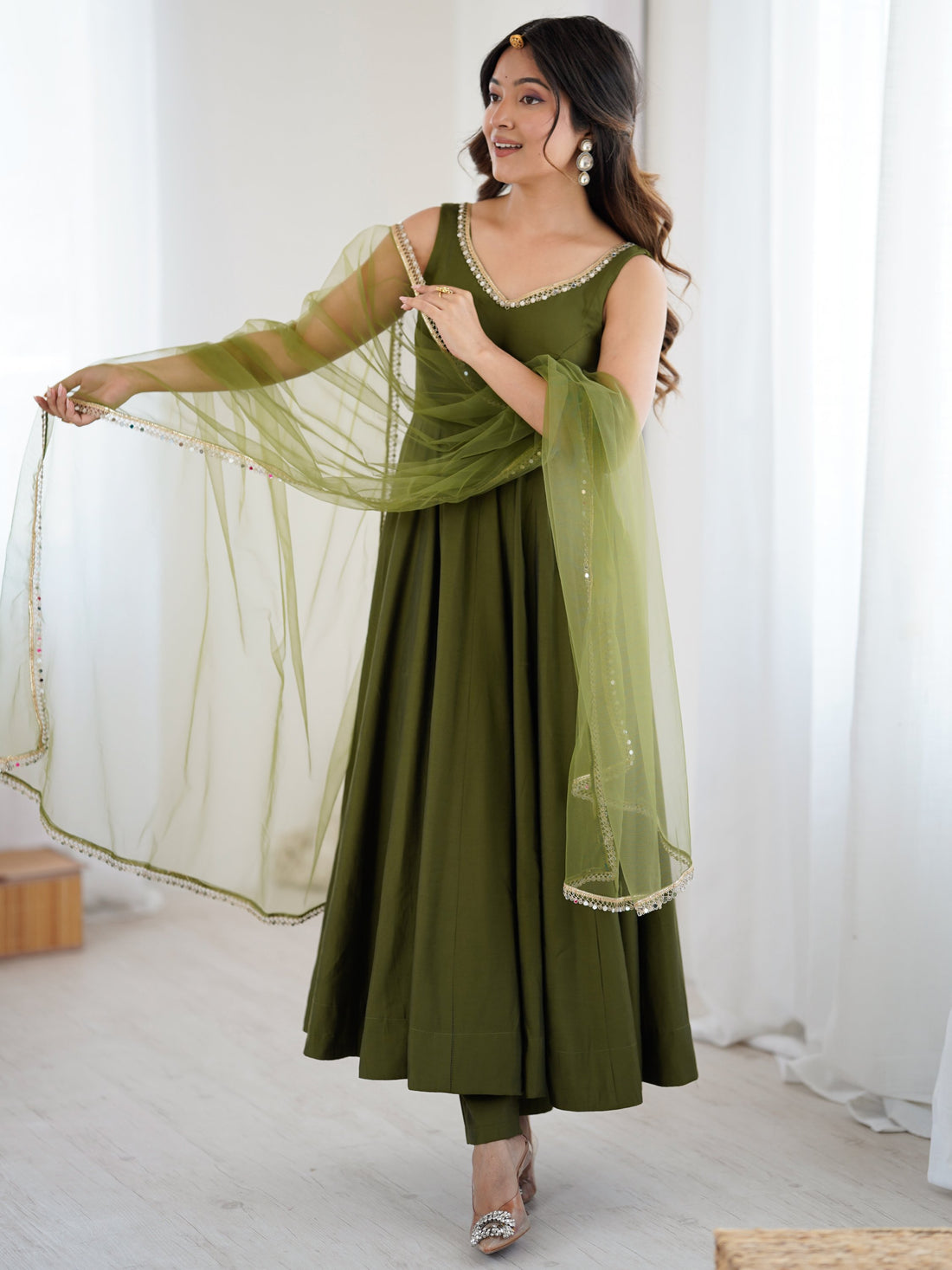 Amazing Olive Green Lace Work Chanderi Silk Mehendi Wear Anarkali Suit