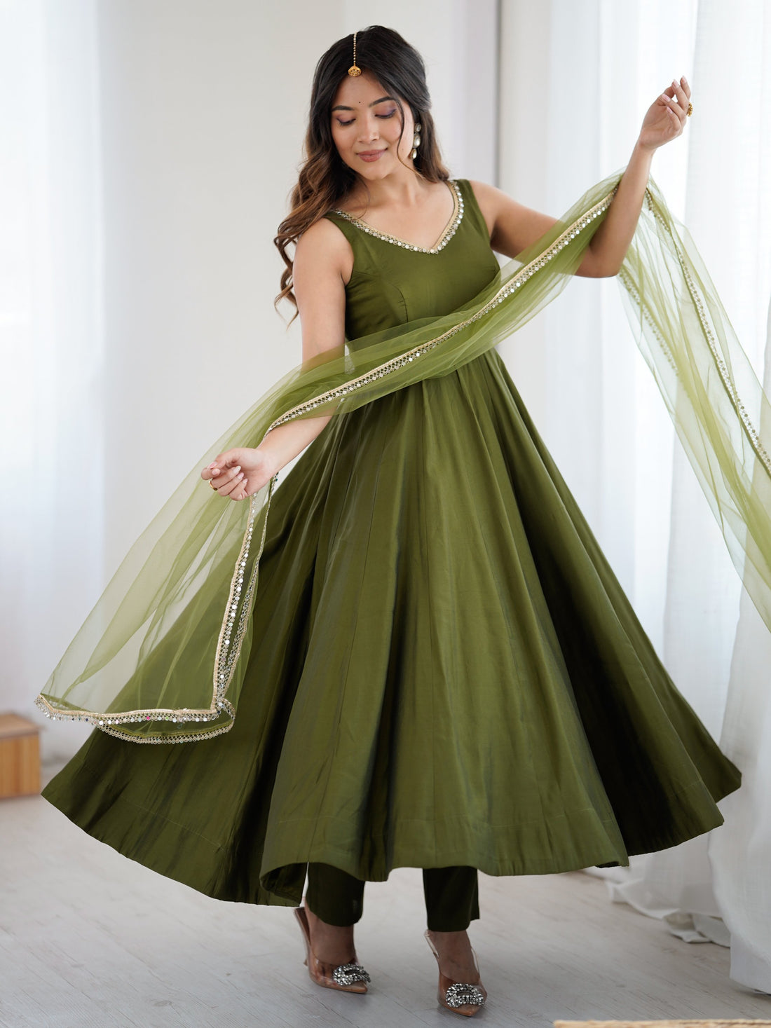 Amazing Olive Green Lace Work Chanderi Silk Mehendi Wear Anarkali Suit