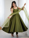 Amazing Olive Green Lace Work Chanderi Silk Mehendi Wear Anarkali Suit