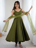Amazing Olive Green Lace Work Chanderi Silk Mehendi Wear Anarkali Suit