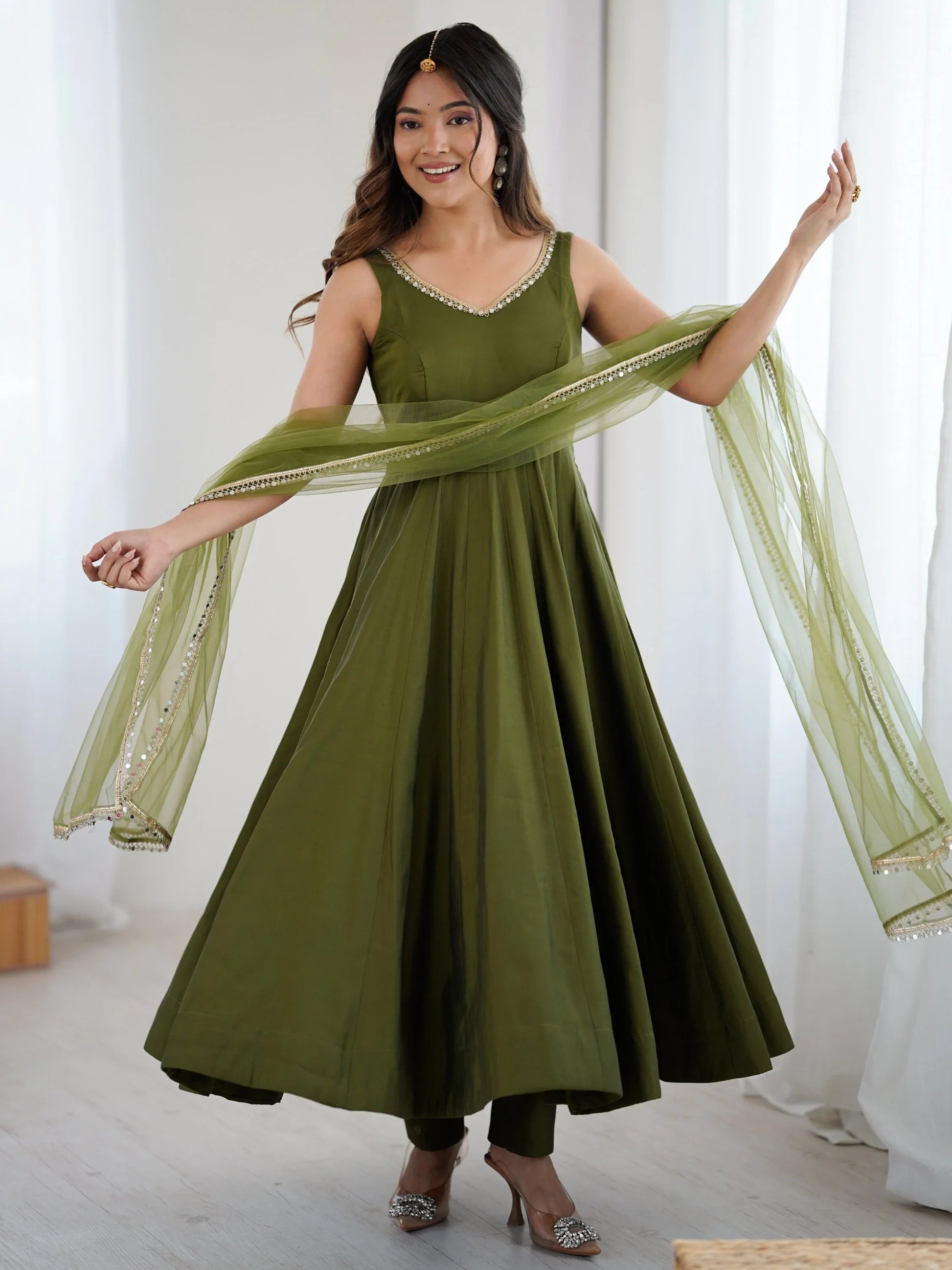 Amazing Olive Green Lace Work Chanderi Silk Mehendi Wear Anarkali Suit