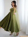 Amazing Olive Green Lace Work Chanderi Silk Mehendi Wear Anarkali Suit