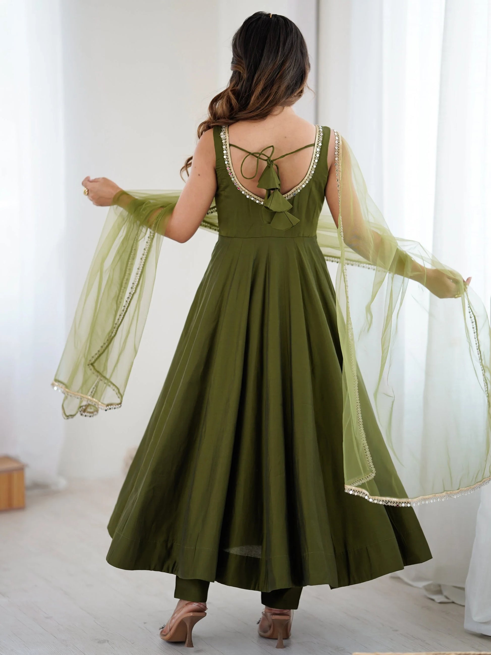 Amazing Olive Green Lace Work Chanderi Silk Mehendi Wear Anarkali Suit