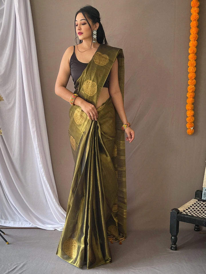 Amazing Olive Green Zari Weaving Tissue Silk Mehendi Wear Saree