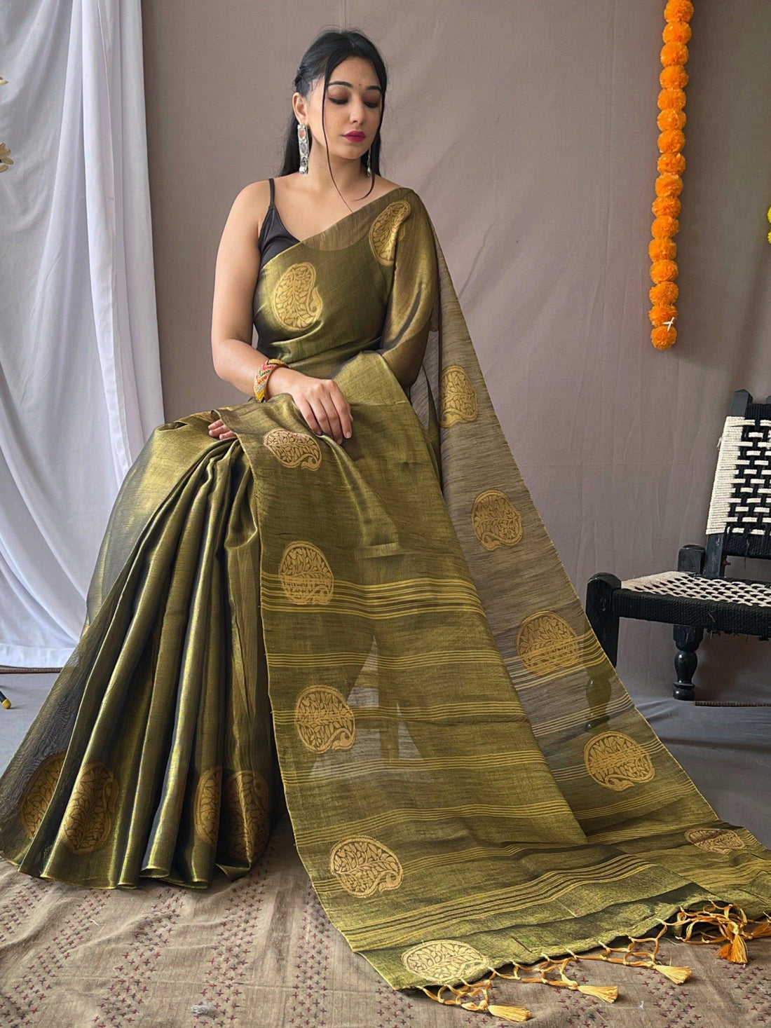 Amazing Olive Green Zari Weaving Tissue Silk Mehendi Wear Saree
