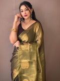 Amazing Olive Green Zari Weaving Tissue Silk Mehendi Wear Saree - Zeel Clothing