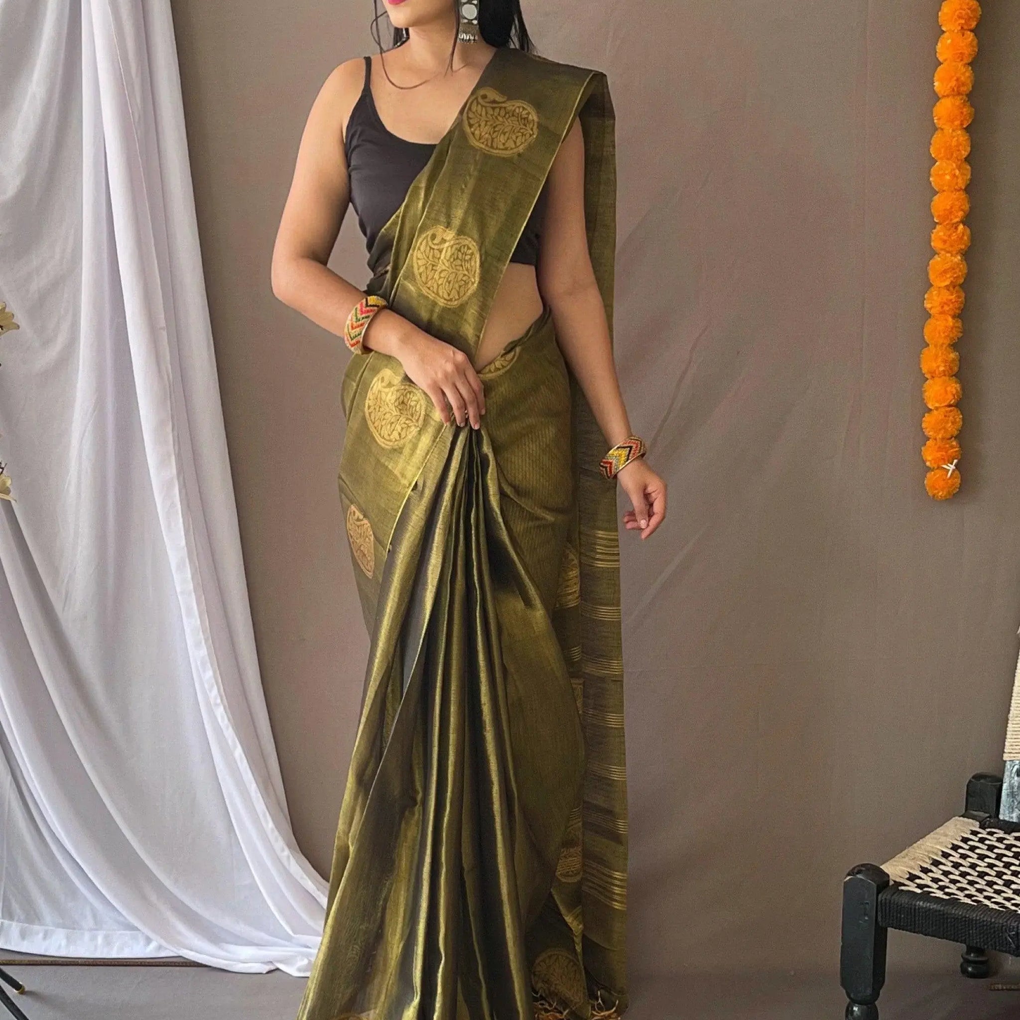 Amazing Olive Green Zari Weaving Tissue Silk Mehendi Wear Saree - Zeel Clothing