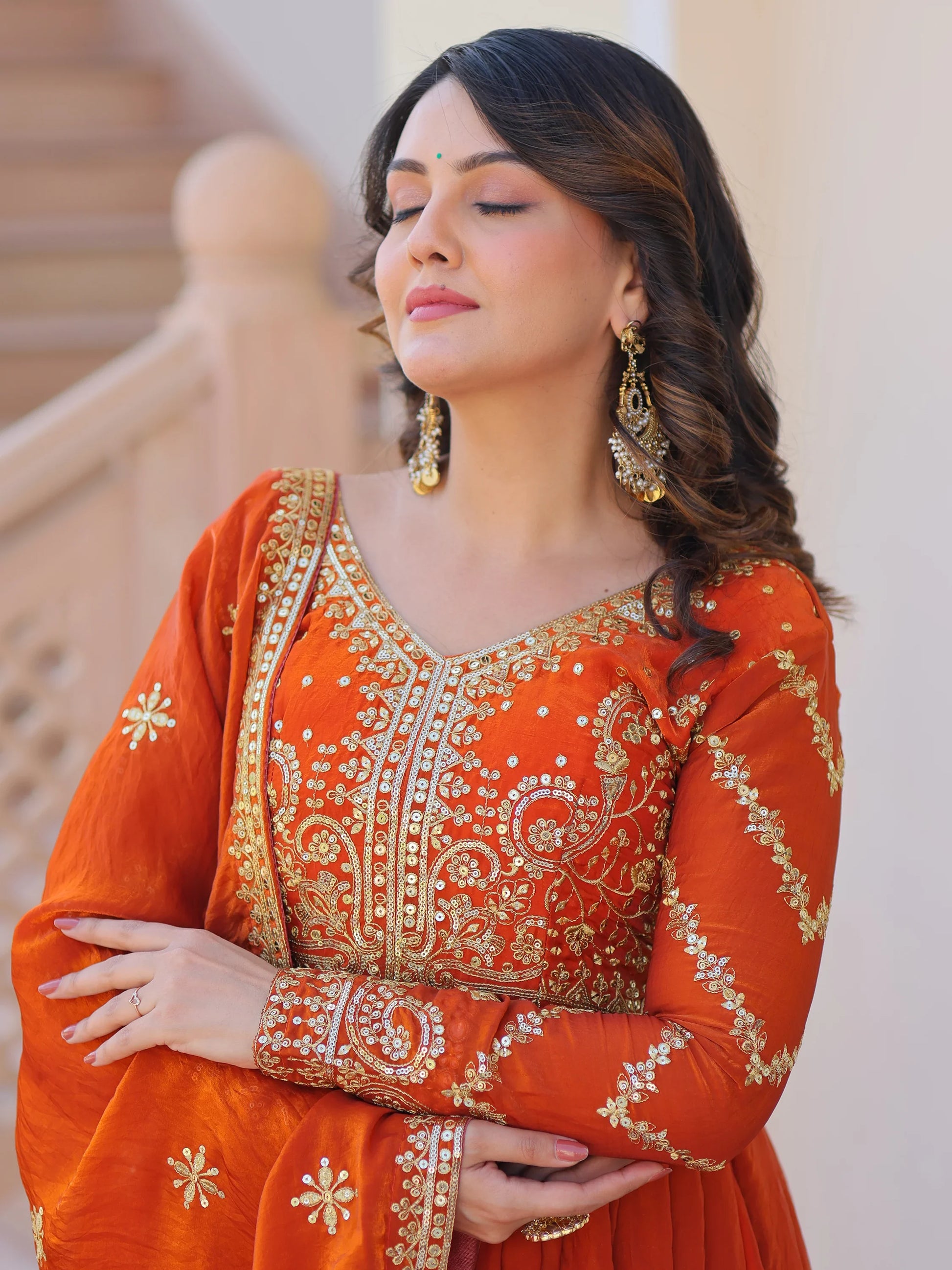 Amazing Orange Sequins Organza Engagement Wear Gown With Dupatta - Zeel Clothing