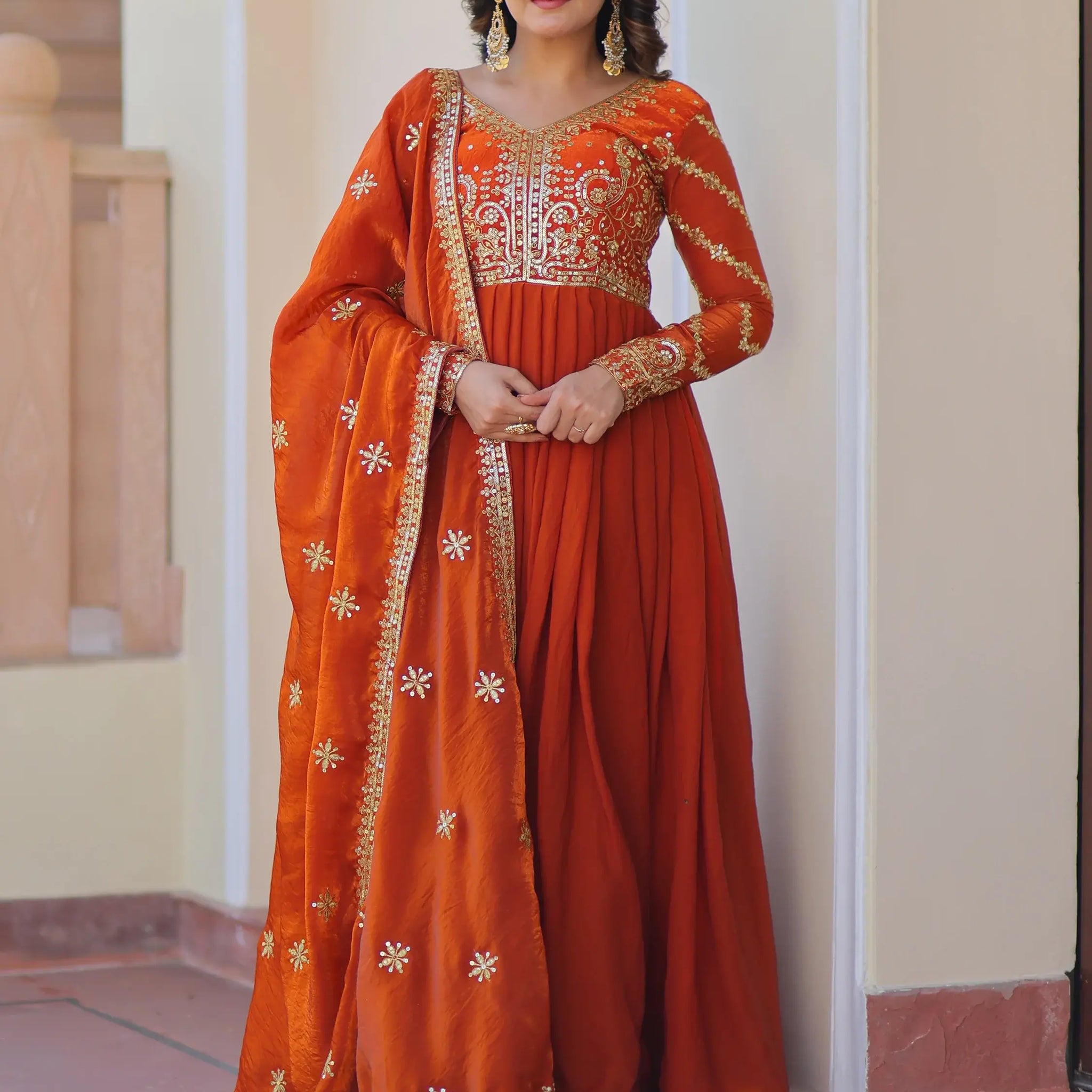 Amazing Orange Sequins Organza Engagement Wear Gown With Dupatta - Zeel Clothing