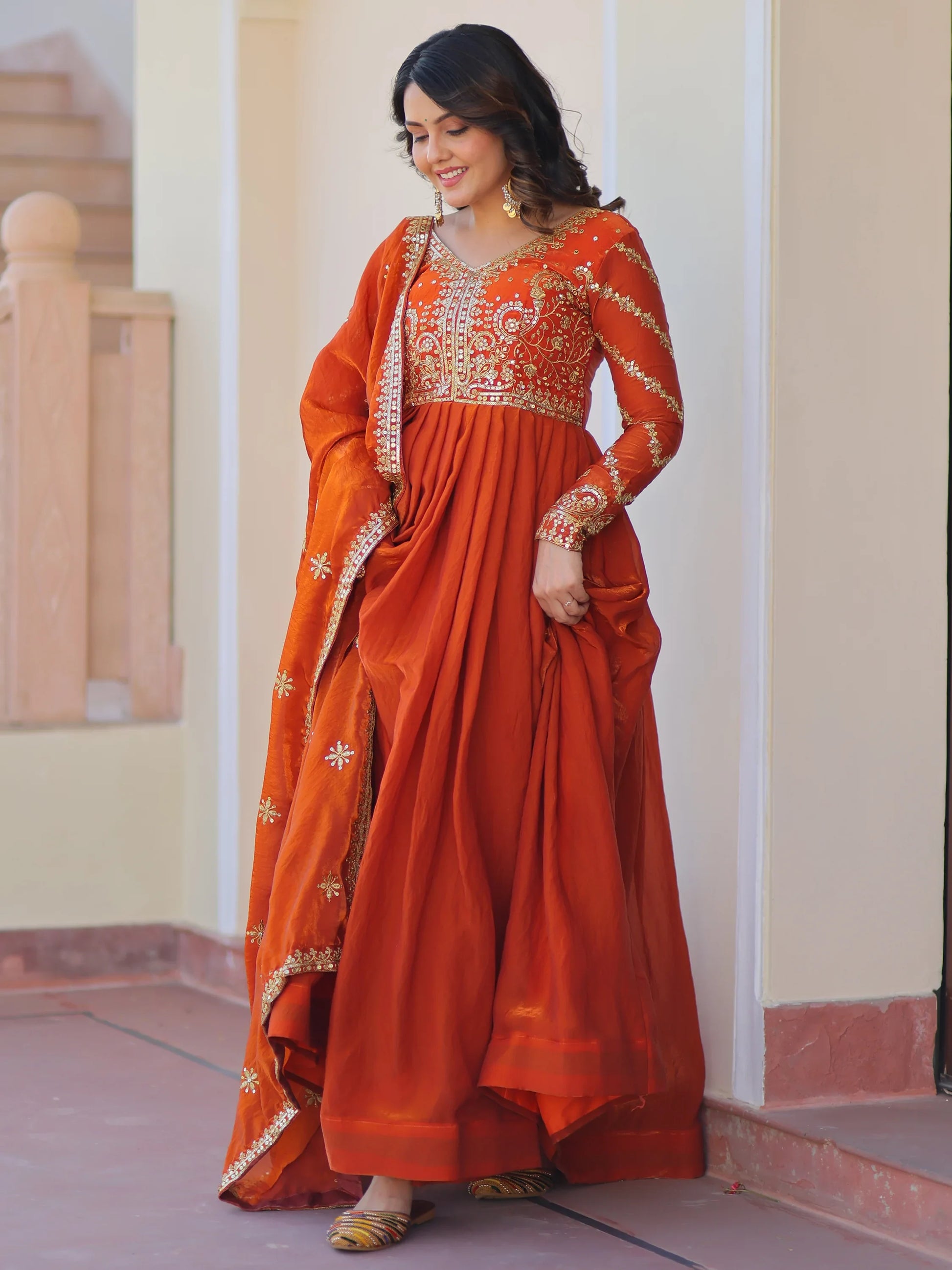 Amazing Orange Sequins Organza Engagement Wear Gown With Dupatta - Zeel Clothing