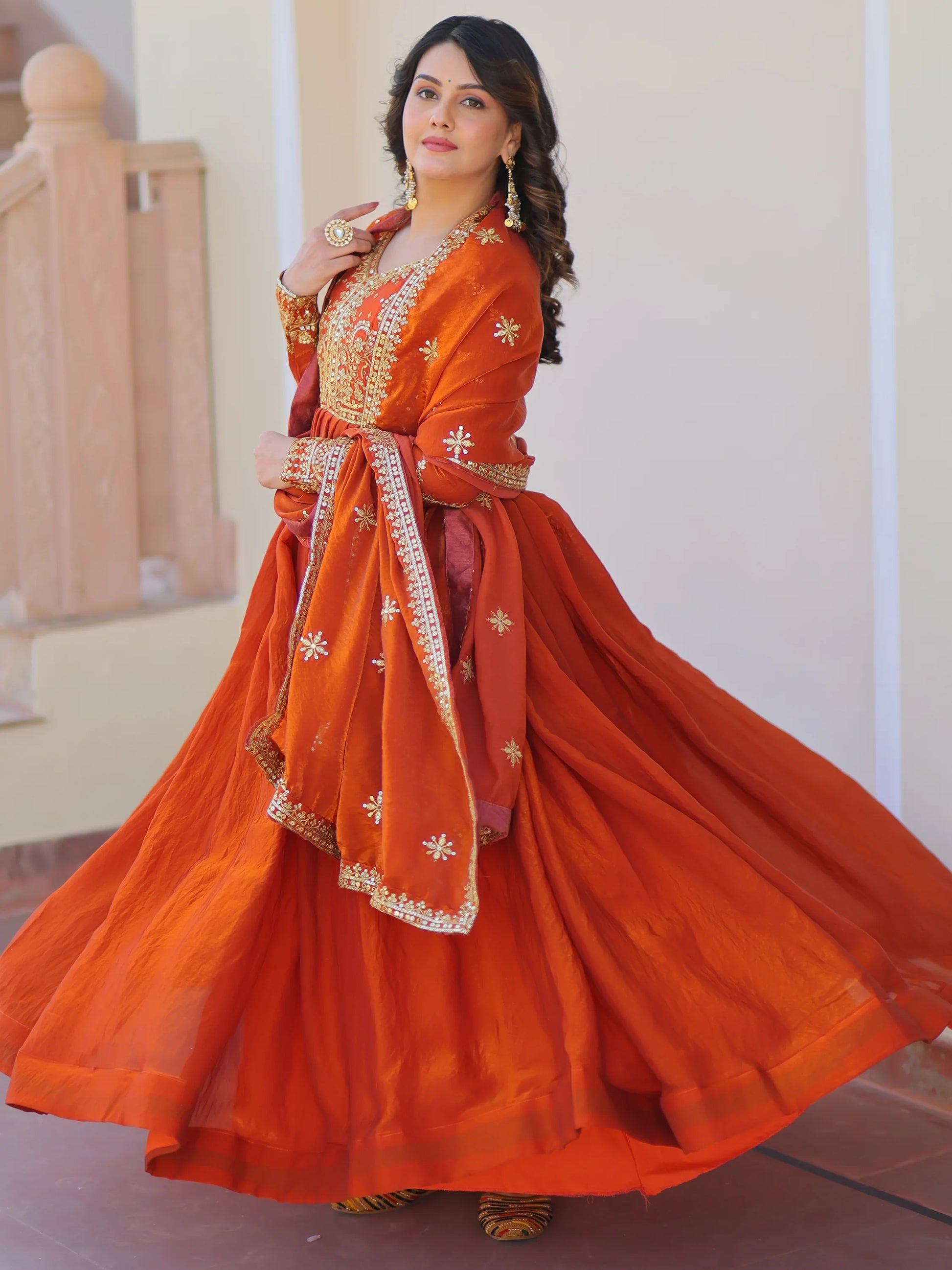 Amazing Orange Sequins Organza Engagement Wear Gown With Dupatta - Zeel Clothing