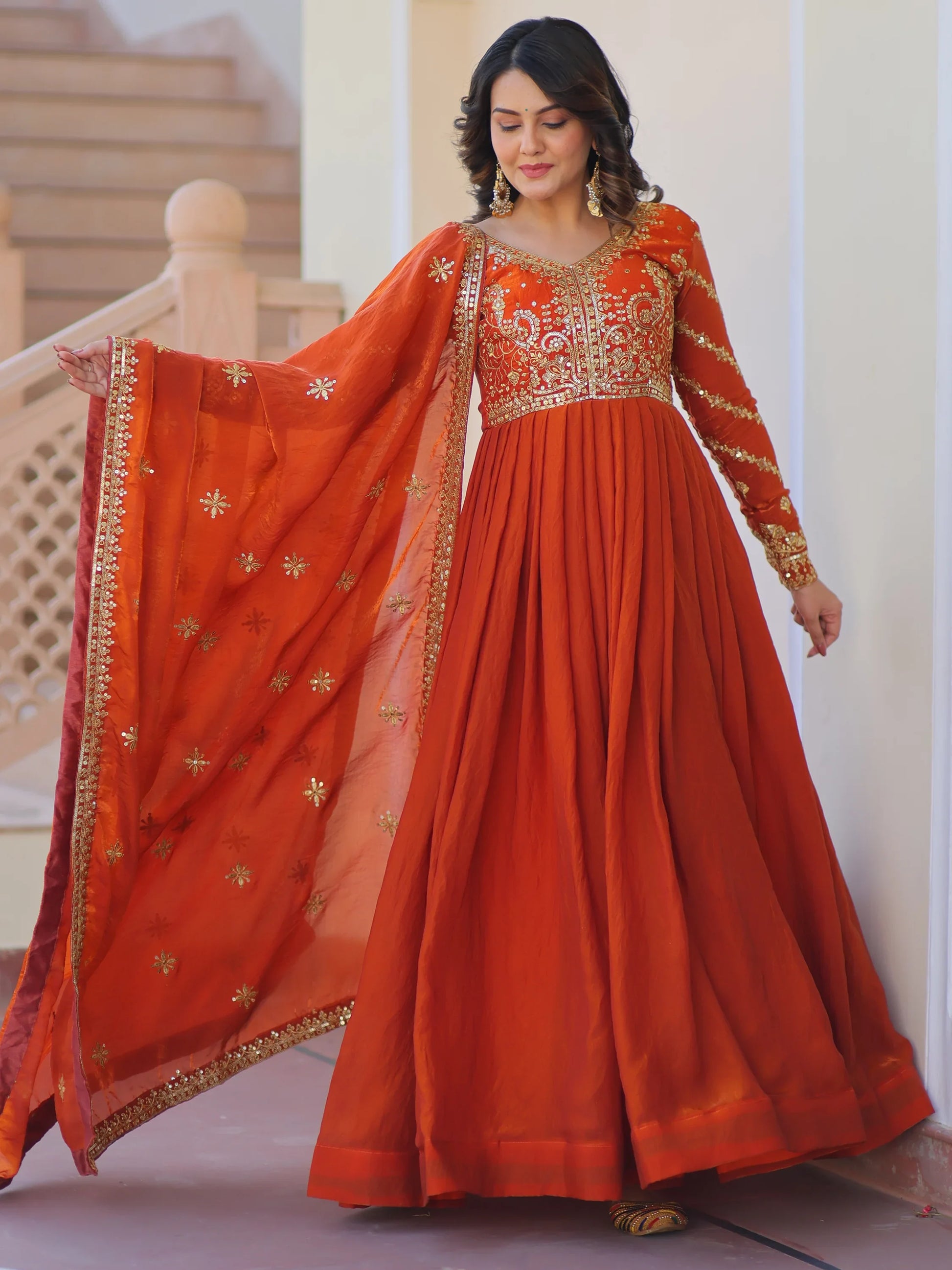 Amazing Orange Sequins Organza Engagement Wear Gown With Dupatta - Zeel Clothing