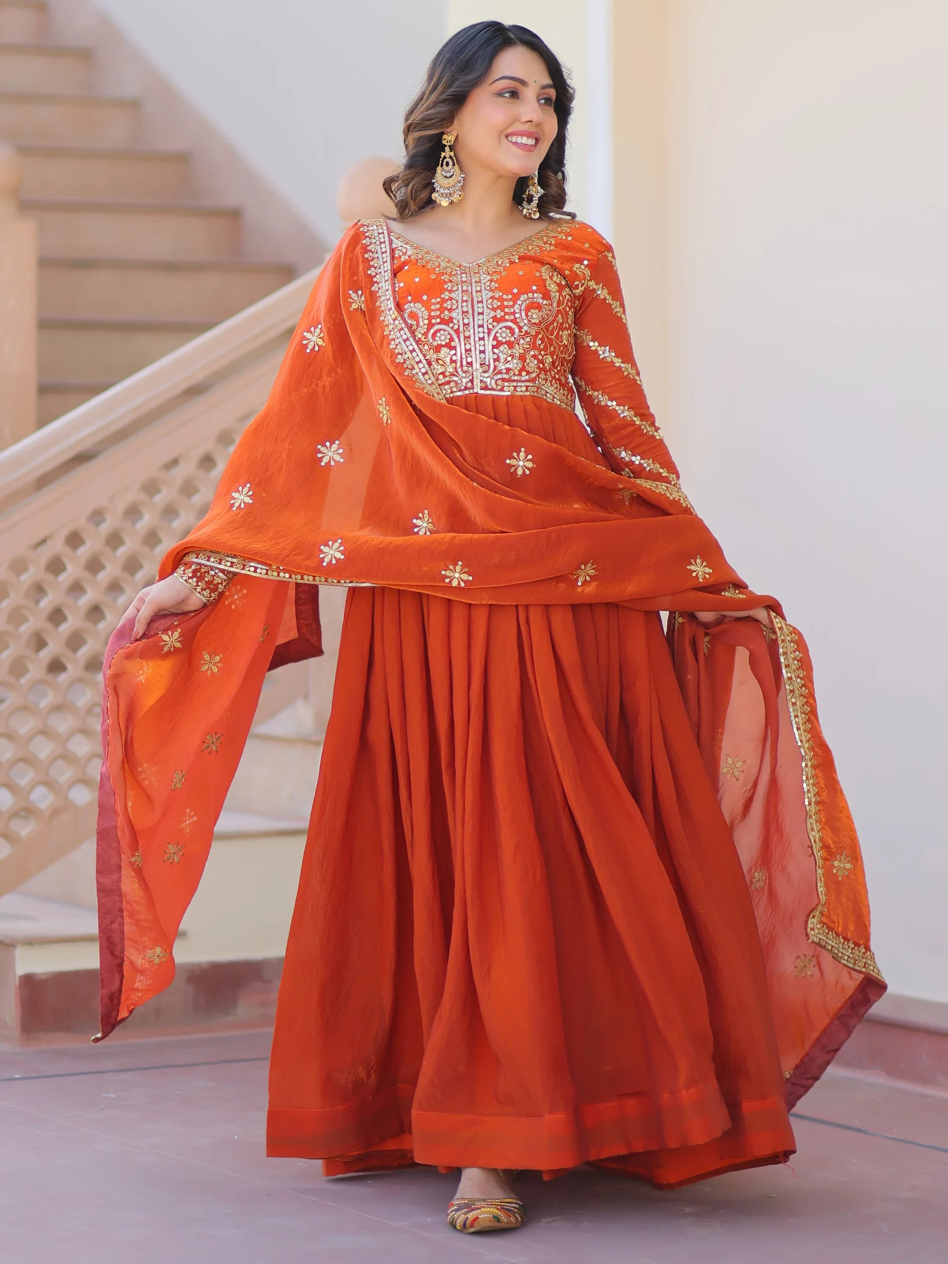 Amazing Orange Sequins Organza Engagement Wear Gown With Dupatta - Zeel Clothing