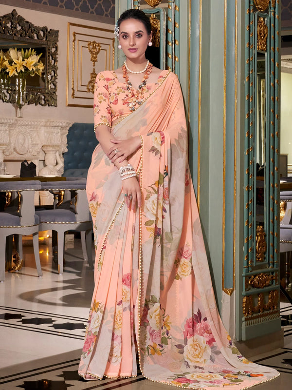 Amazing Peach Floral Printed Georgette Festive Wear Saree With Blouse - Zeel Clothing