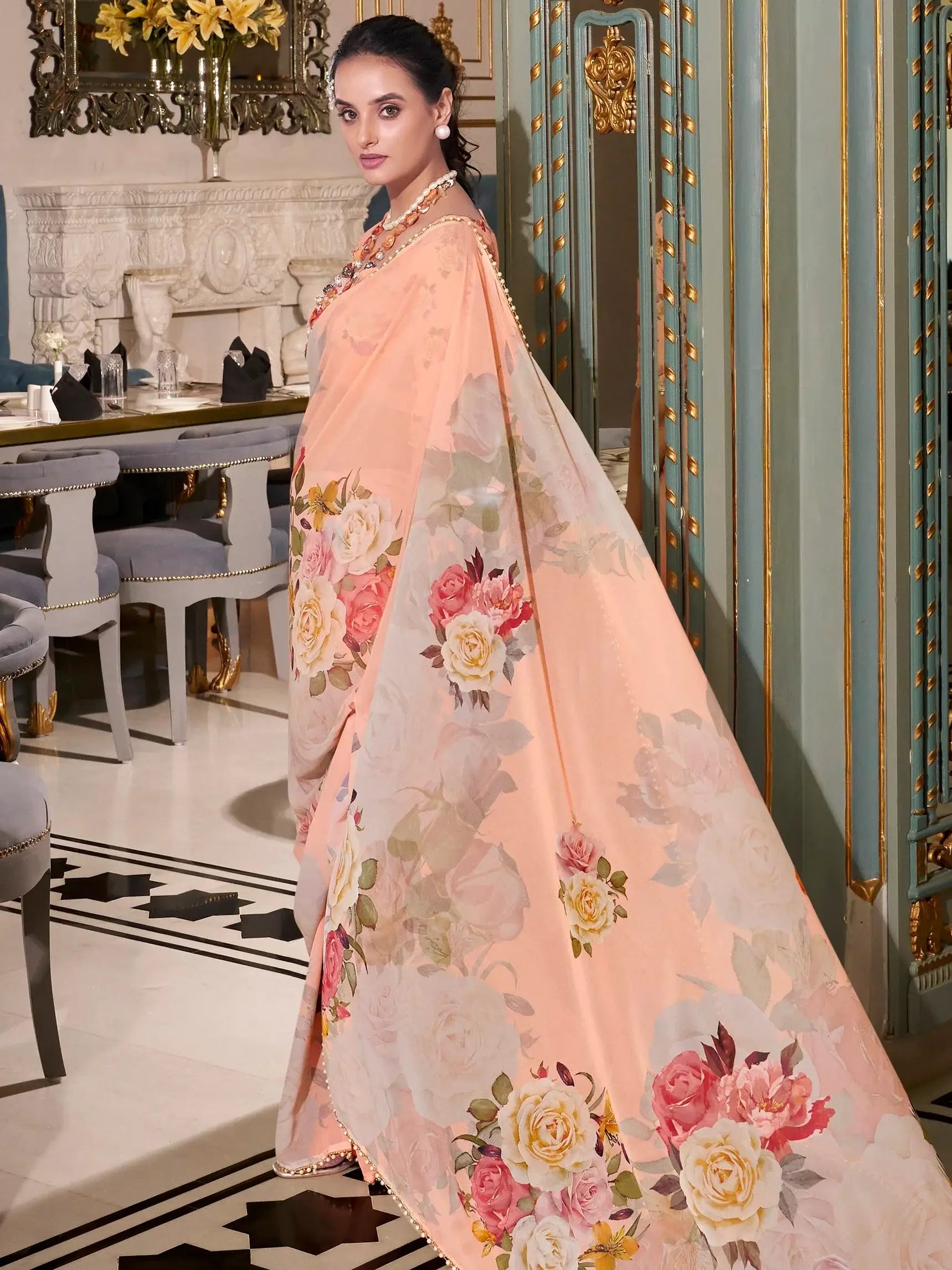 Amazing Peach Floral Printed Georgette Festive Wear Saree With Blouse - Zeel Clothing