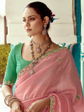 Amazing Peach Sequins Embroidered Tissue Silk Traditional Saree With Blouse - Zeel Clothing