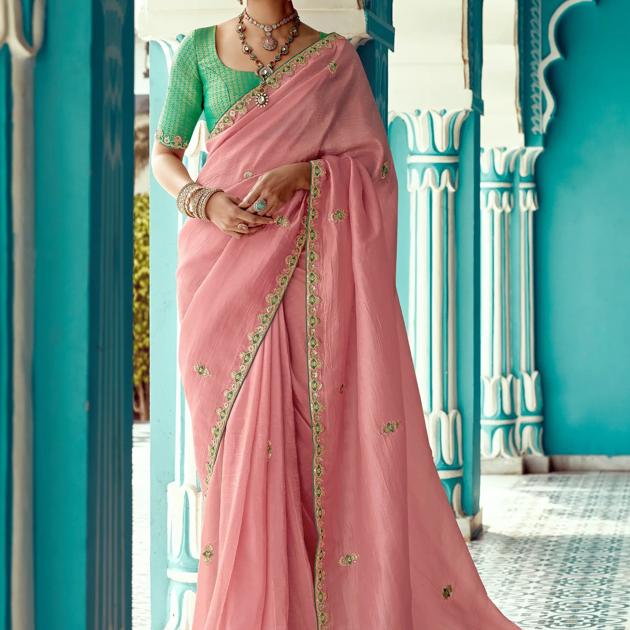Amazing Peach Sequins Embroidered Tissue Silk Traditional Saree With Blouse - Zeel Clothing