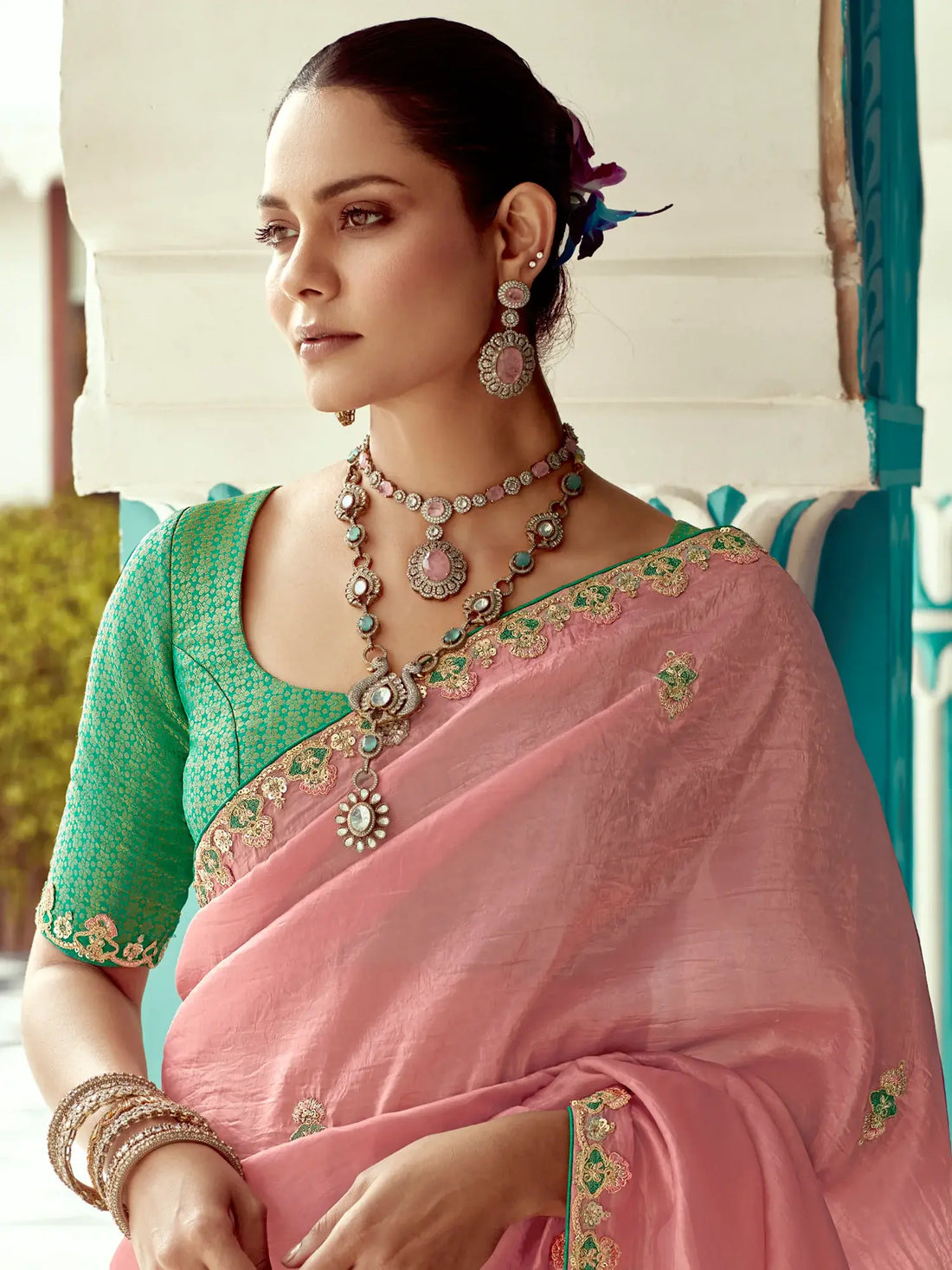 Amazing Peach Sequins Embroidered Tissue Silk Traditional Saree With Blouse - Zeel Clothing