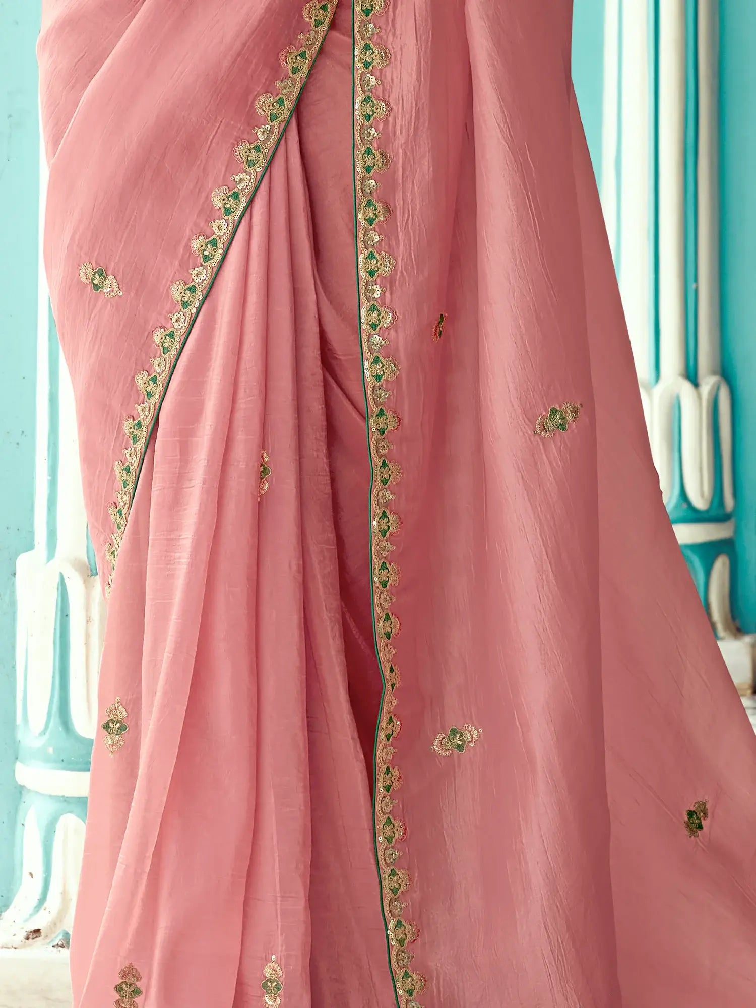 Amazing Peach Sequins Embroidered Tissue Silk Traditional Saree With Blouse - Zeel Clothing