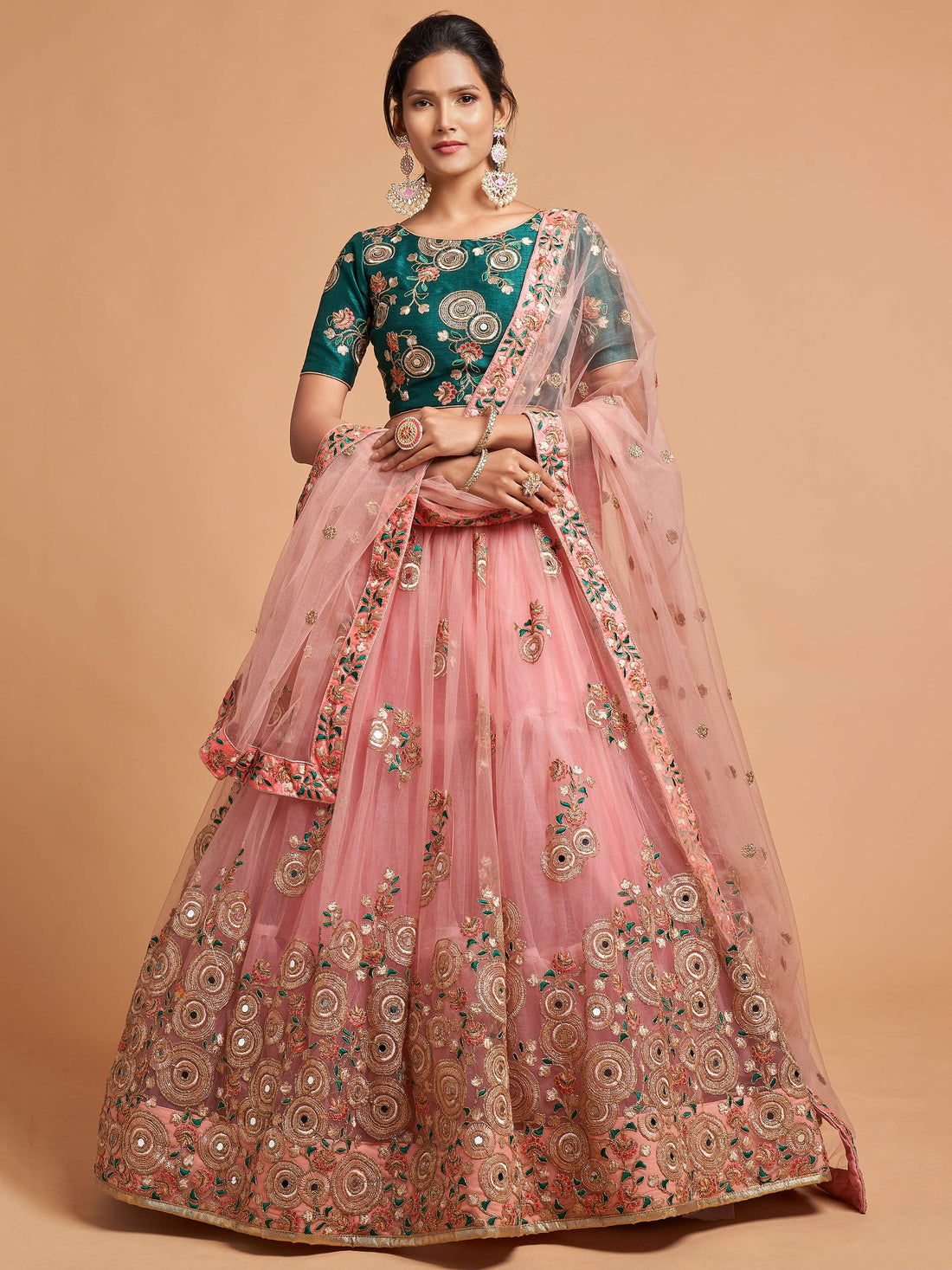Amazing Peach Thread Embroidered Net Wedding Lehenga Choli - Zeel Clothing