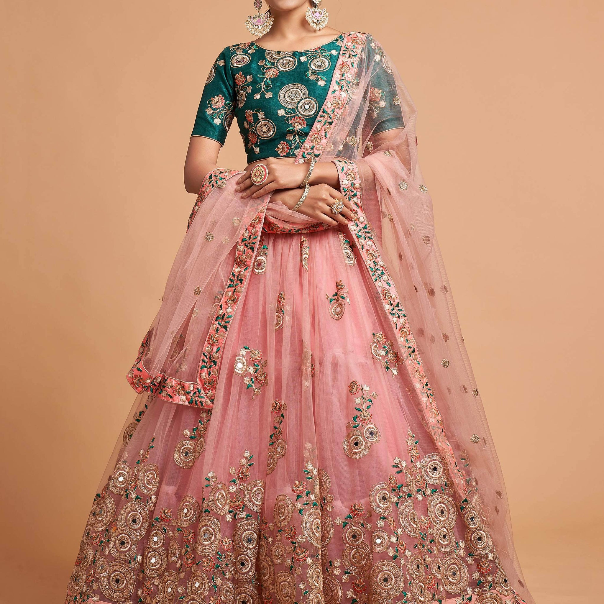 Amazing Peach Thread Embroidered Net Wedding Lehenga Choli - Zeel Clothing