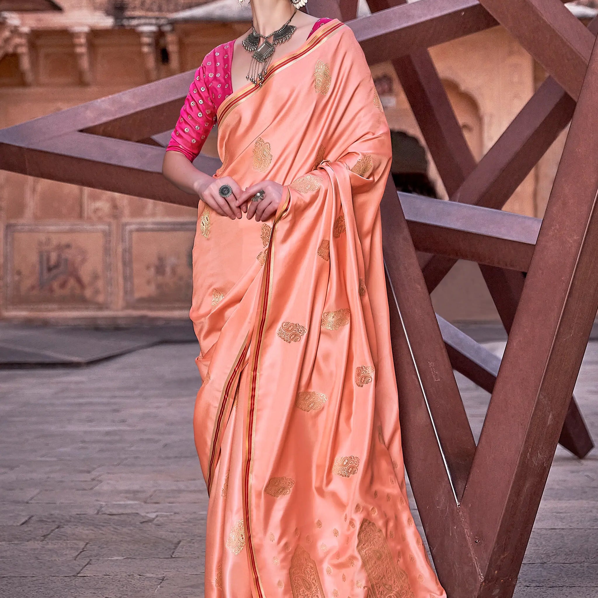 Amazing Peach Zari Weaving Satin Festive Wear Saree With Blouse - Zeel Clothing